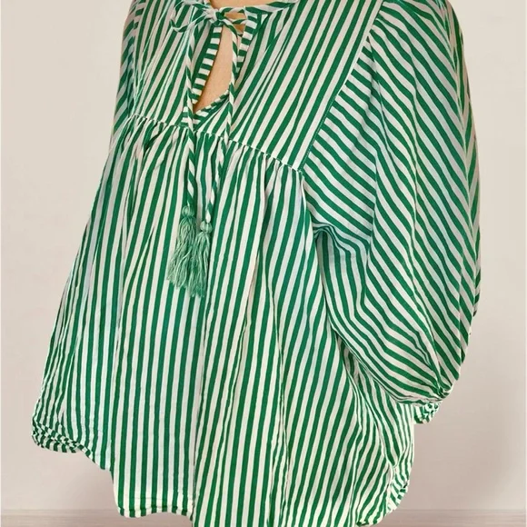 Philosophy Size XL Top Green White Stripe Cotton Blouse V Neck Tie Springtime - Picture 2 of 6